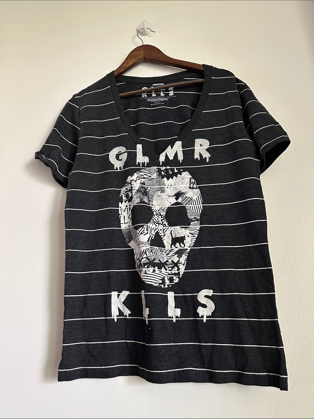 Glamour Kills Gray Tee with White Logo and Stripes